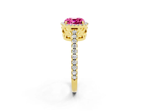 Yellow gold Cushion Cut Pink Sapphire Halo Engagement Ring with Pavé Band and Prong Setting_14