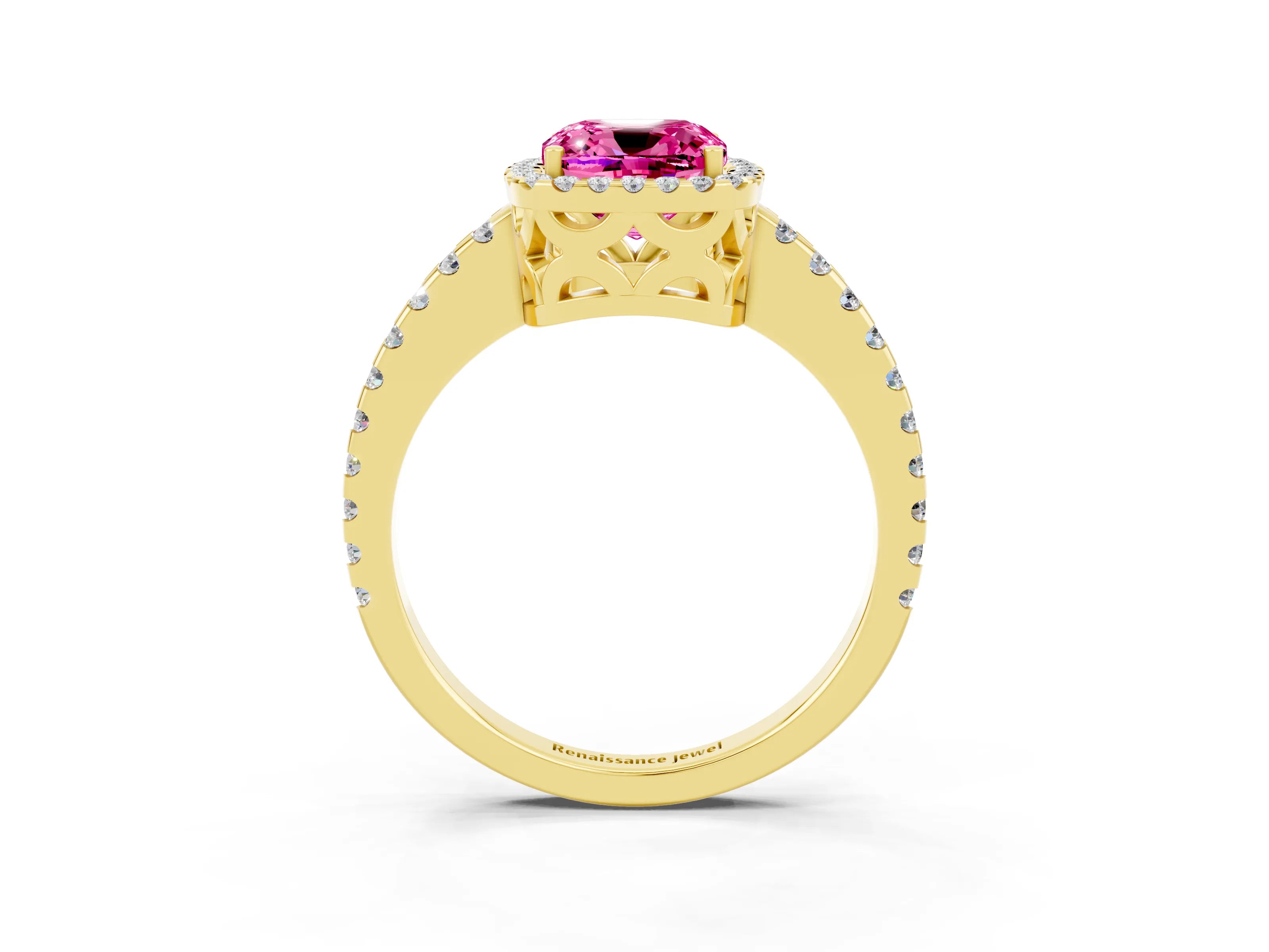 Yellow gold Cushion Cut Pink Sapphire Halo Engagement Ring with Pavé Band and Prong Setting_15