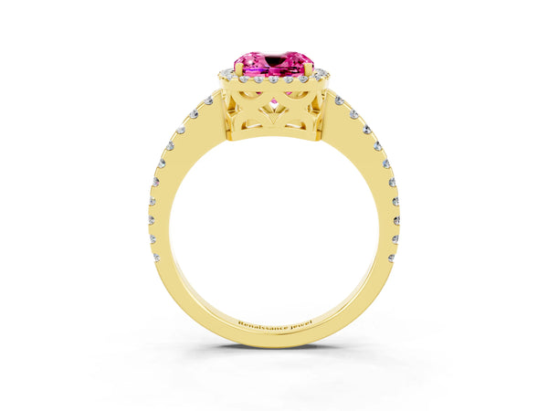 Yellow gold Cushion Cut Pink Sapphire Halo Engagement Ring with Pavé Band and Prong Setting