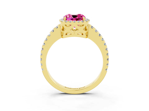 Yellow gold Cushion Cut Pink Sapphire Halo Engagement Ring with Pavé Band and Prong Setting_15