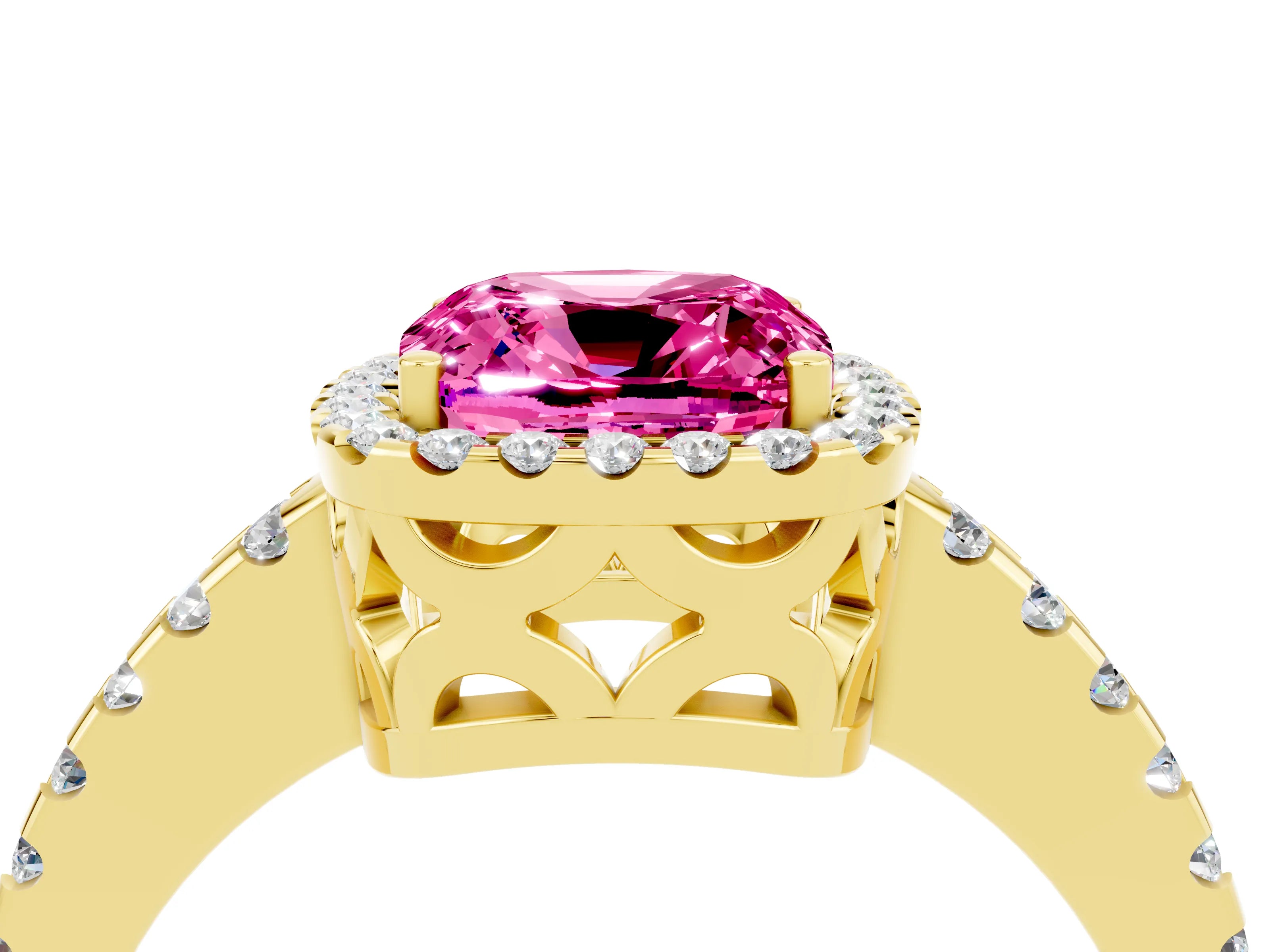 Yellow gold Cushion Cut Pink Sapphire Halo Engagement Ring with Pavé Band and Prong Setting_16