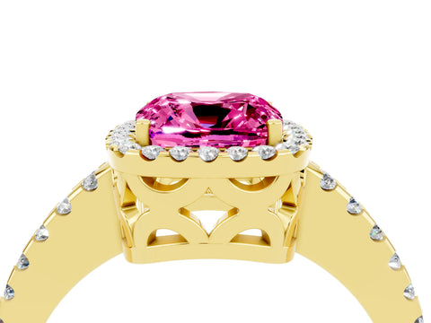 Yellow gold Cushion Cut Pink Sapphire Halo Engagement Ring with Pavé Band and Prong Setting_16