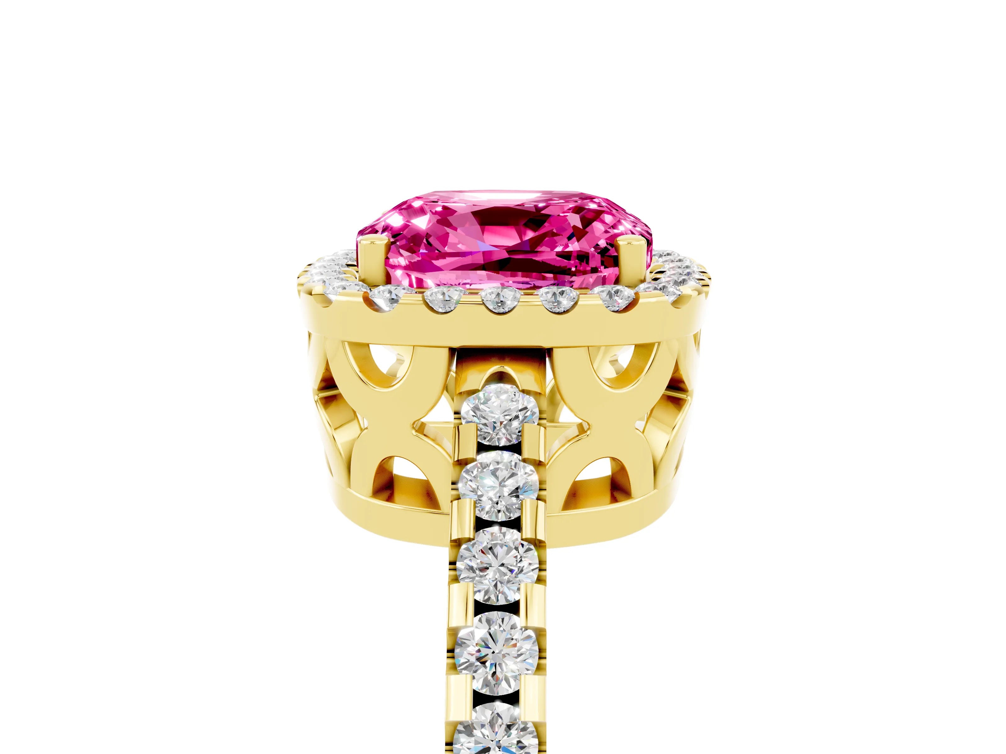 Yellow gold Cushion Cut Pink Sapphire Halo Engagement Ring with Pavé Band and Prong Setting_17
