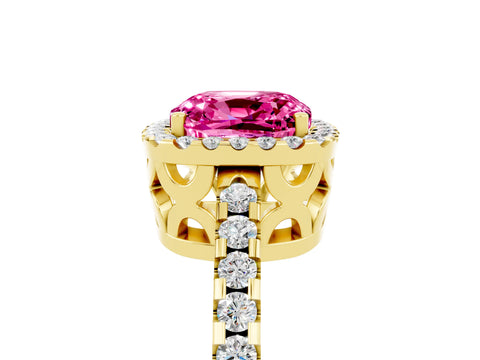 Yellow gold Cushion Cut Pink Sapphire Halo Engagement Ring with Pavé Band and Prong Setting_17
