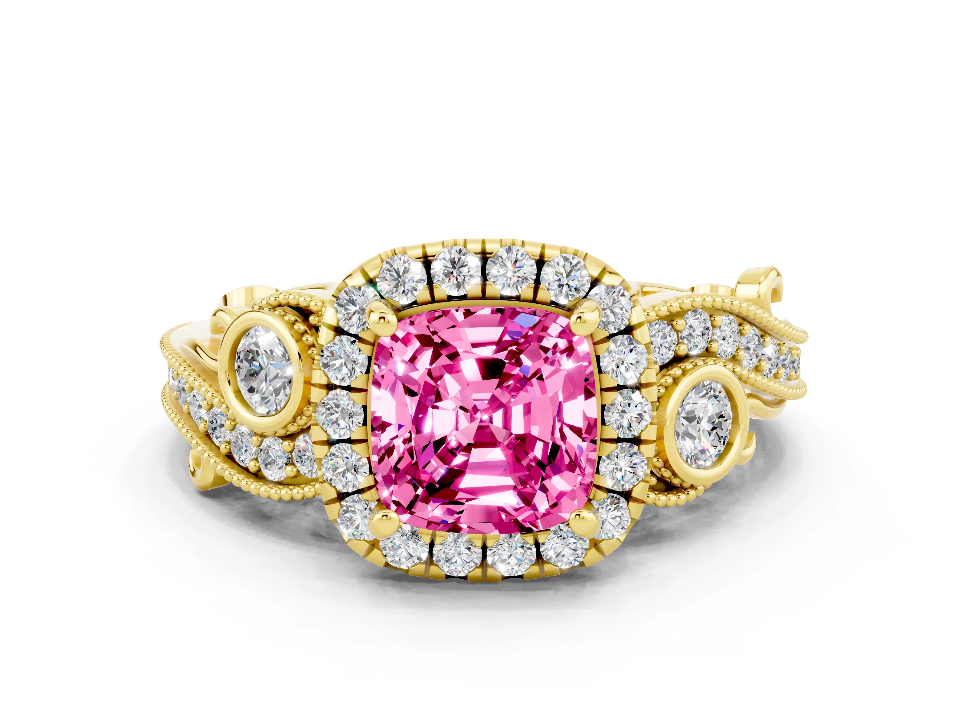 Yellow gold Cushion Cut Pink Sapphire Halo Ring with Milgrain Pavé Band and Four-Prong Setting_12