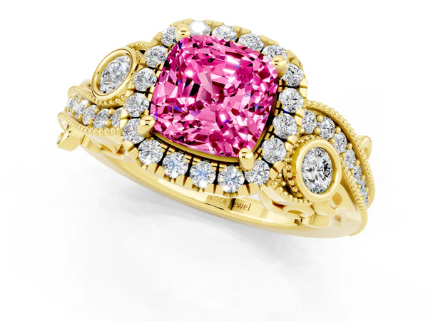 Yellow gold Cushion Cut Pink Sapphire Halo Ring with Milgrain Pavé Band and Four-Prong Setting