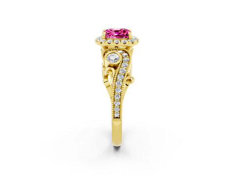 Yellow gold Cushion Cut Pink Sapphire Halo Ring with Milgrain Pavé Band and Four-Prong Setting_14