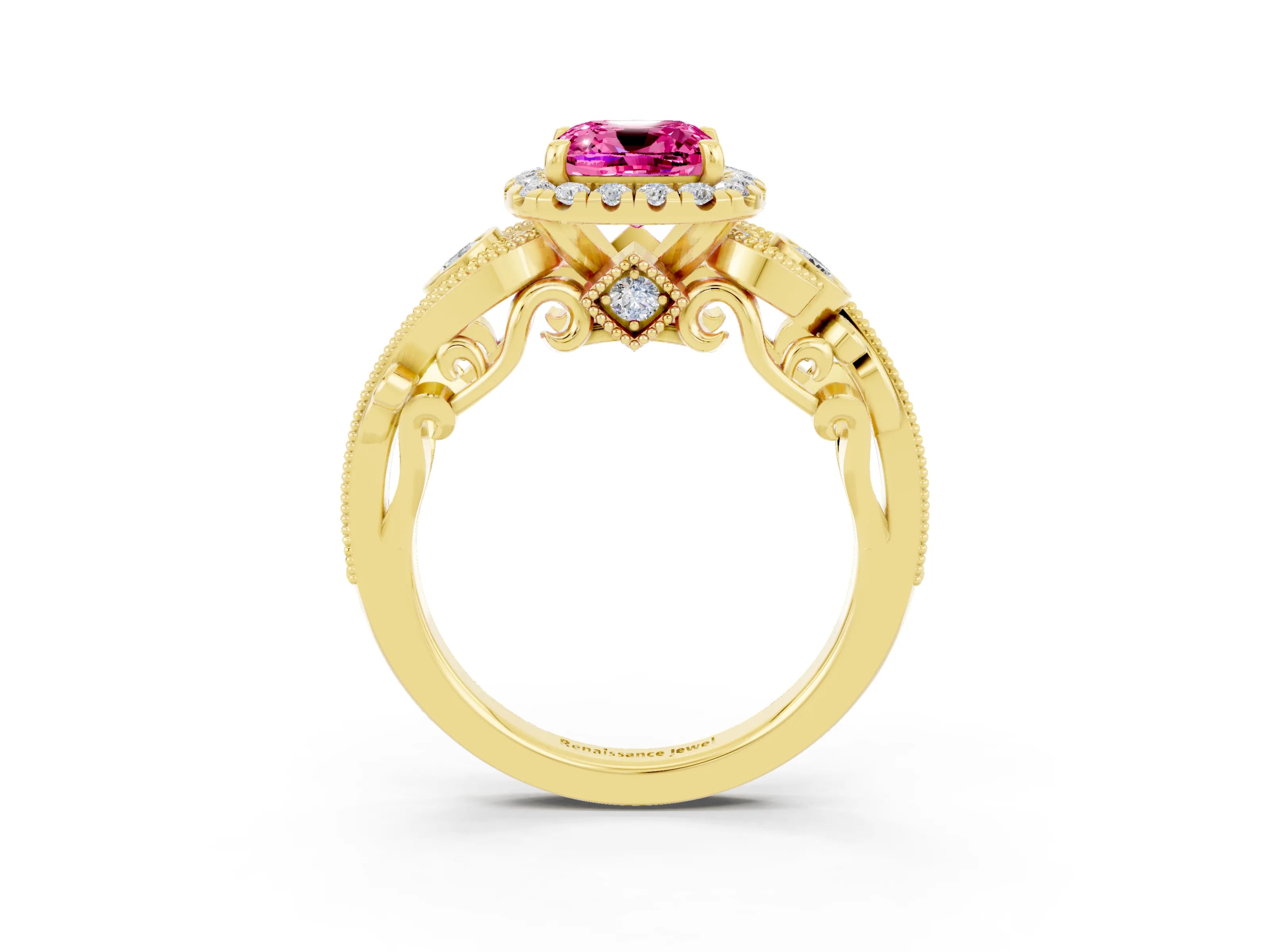 Yellow gold Cushion Cut Pink Sapphire Halo Ring with Milgrain Pavé Band and Four-Prong Setting_15