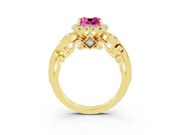 Yellow gold Cushion Cut Pink Sapphire Halo Ring with Milgrain Pavé Band and Four-Prong Setting
