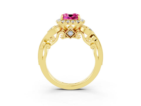 Yellow gold Cushion Cut Pink Sapphire Halo Ring with Milgrain Pavé Band and Four-Prong Setting_15