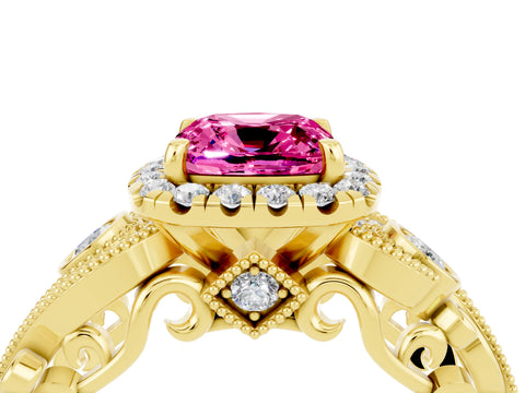 Yellow gold Cushion Cut Pink Sapphire Halo Ring with Milgrain Pavé Band and Four-Prong Setting_16