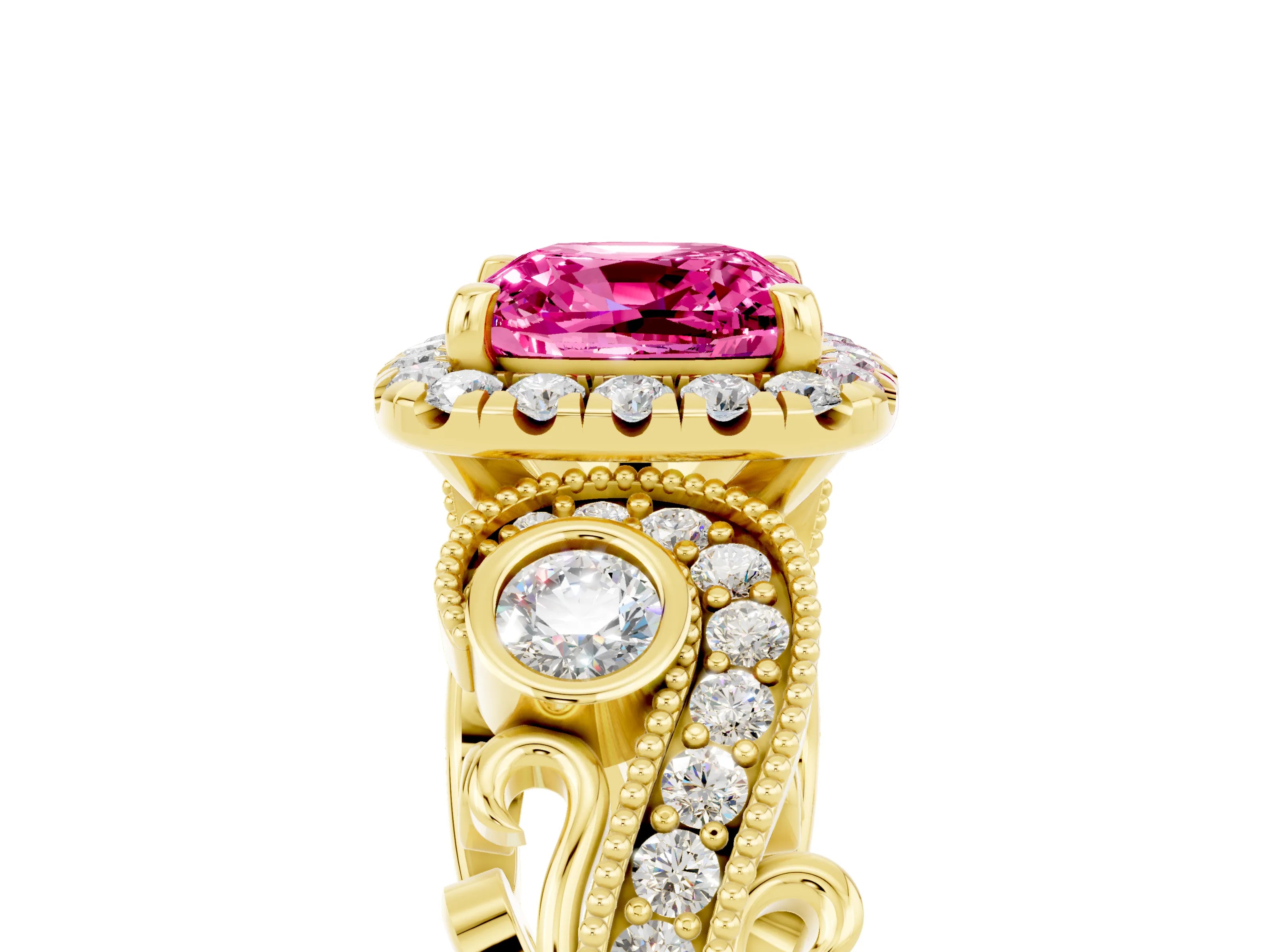 Yellow gold Cushion Cut Pink Sapphire Halo Ring with Milgrain Pavé Band and Four-Prong Setting_17