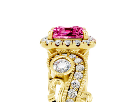 Yellow gold Cushion Cut Pink Sapphire Halo Ring with Milgrain Pavé Band and Four-Prong Setting_17