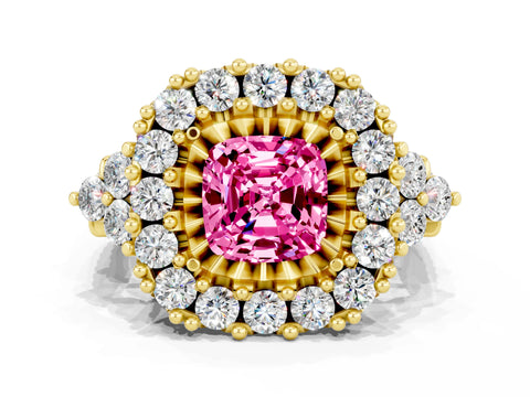 Yellow gold Cushion Cut Pink Sapphire Halo Ring with Pavé Band and Four-Prong Setting_12