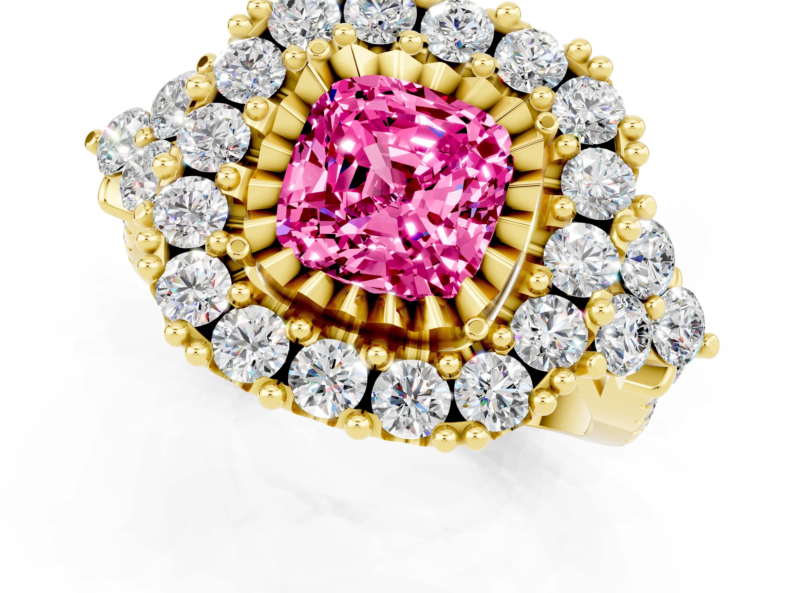 Yellow gold Cushion Cut Pink Sapphire Halo Ring with Pavé Band and Four-Prong Setting_13