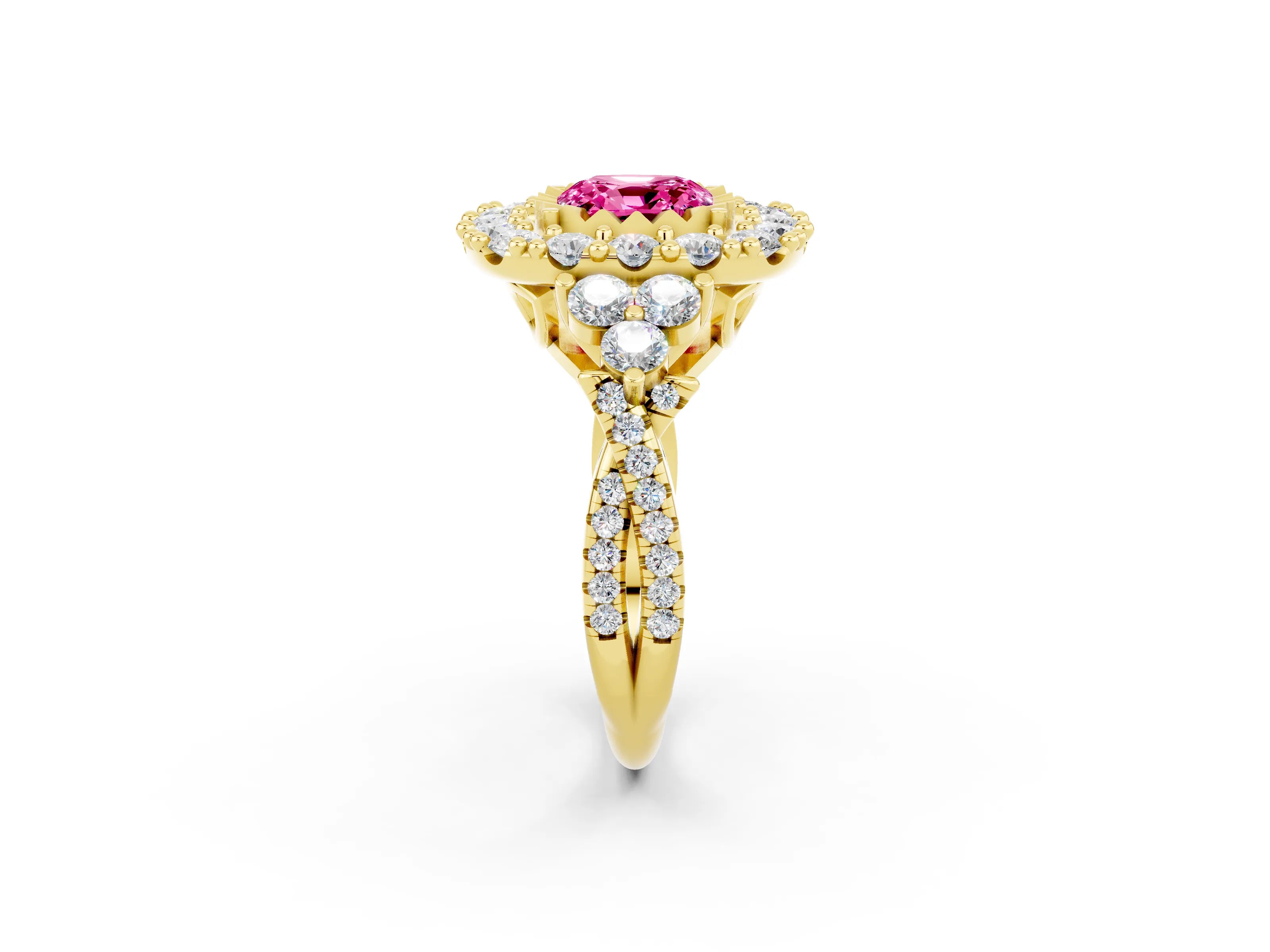 Yellow gold Cushion Cut Pink Sapphire Halo Ring with Pavé Band and Four-Prong Setting_14