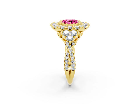 Yellow gold Cushion Cut Pink Sapphire Halo Ring with Pavé Band and Four-Prong Setting_14