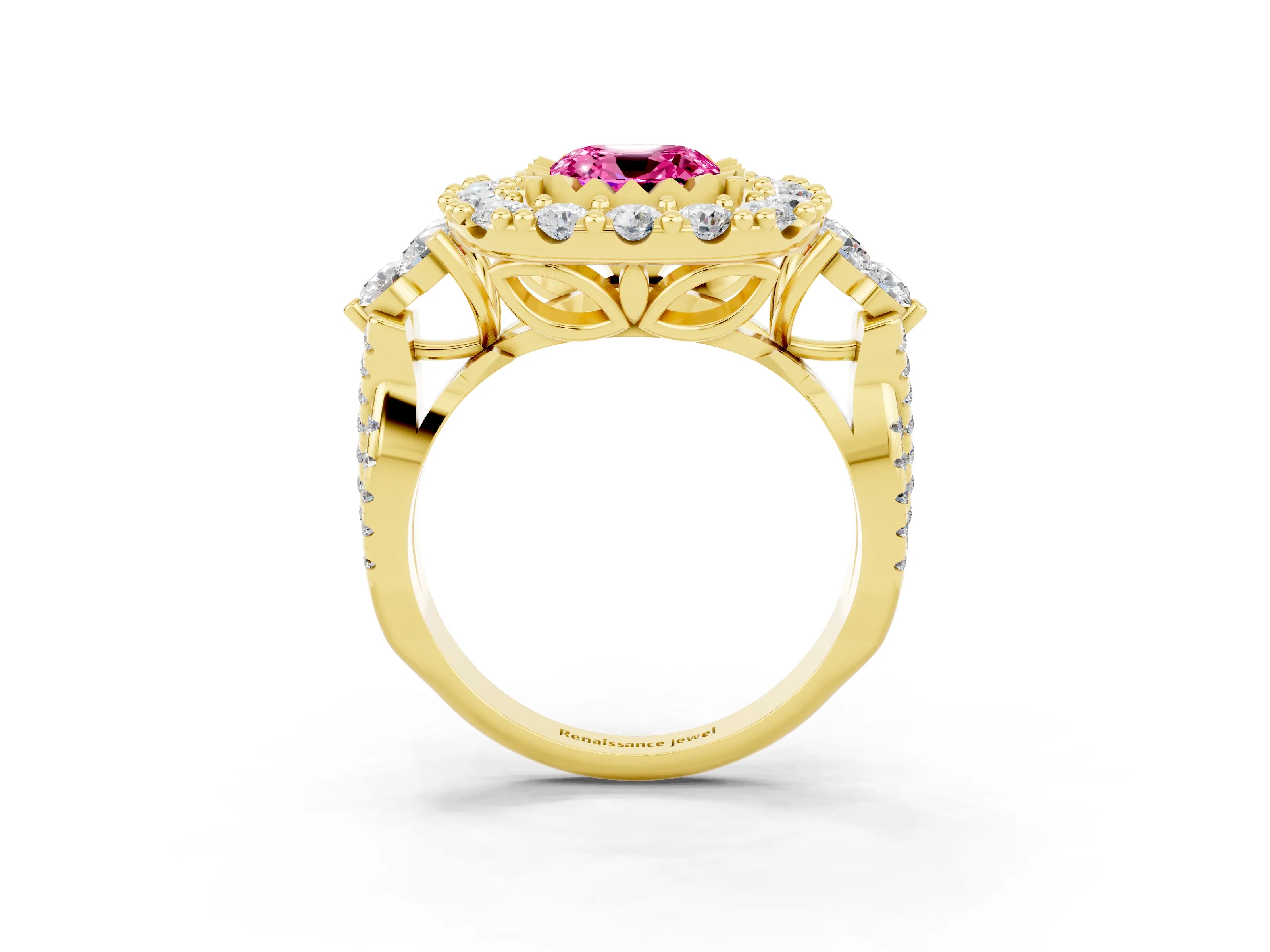 Yellow gold Cushion Cut Pink Sapphire Halo Ring with Pavé Band and Four-Prong Setting_15