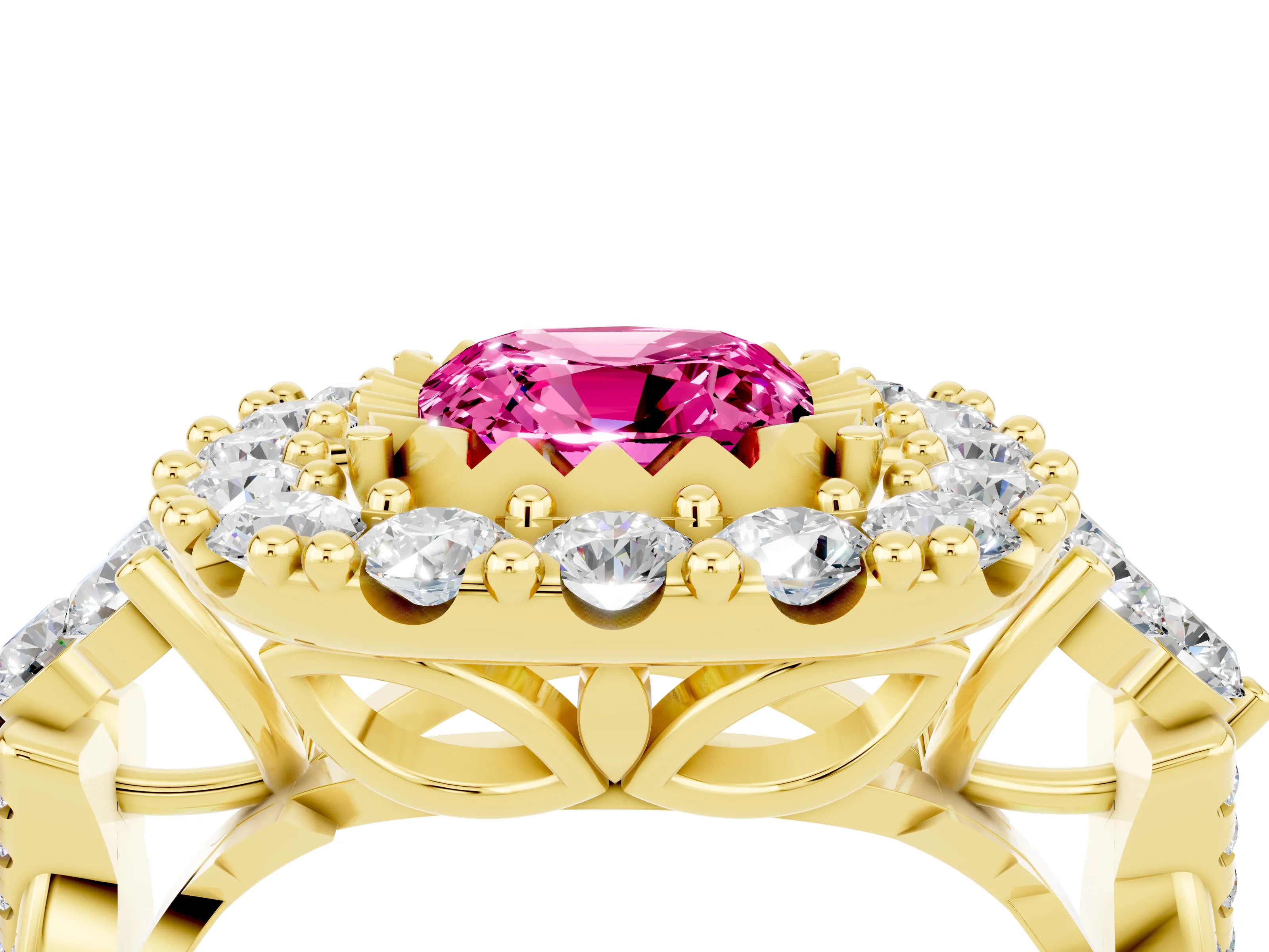 Yellow gold Cushion Cut Pink Sapphire Halo Ring with Pavé Band and Four-Prong Setting_16