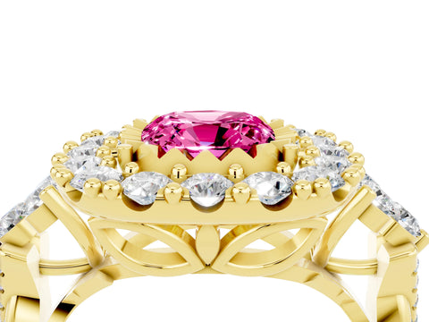 Yellow gold Cushion Cut Pink Sapphire Halo Ring with Pavé Band and Four-Prong Setting_16