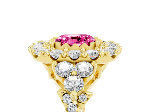 Yellow gold Cushion Cut Pink Sapphire Halo Ring with Pavé Band and Four-Prong Setting_17
