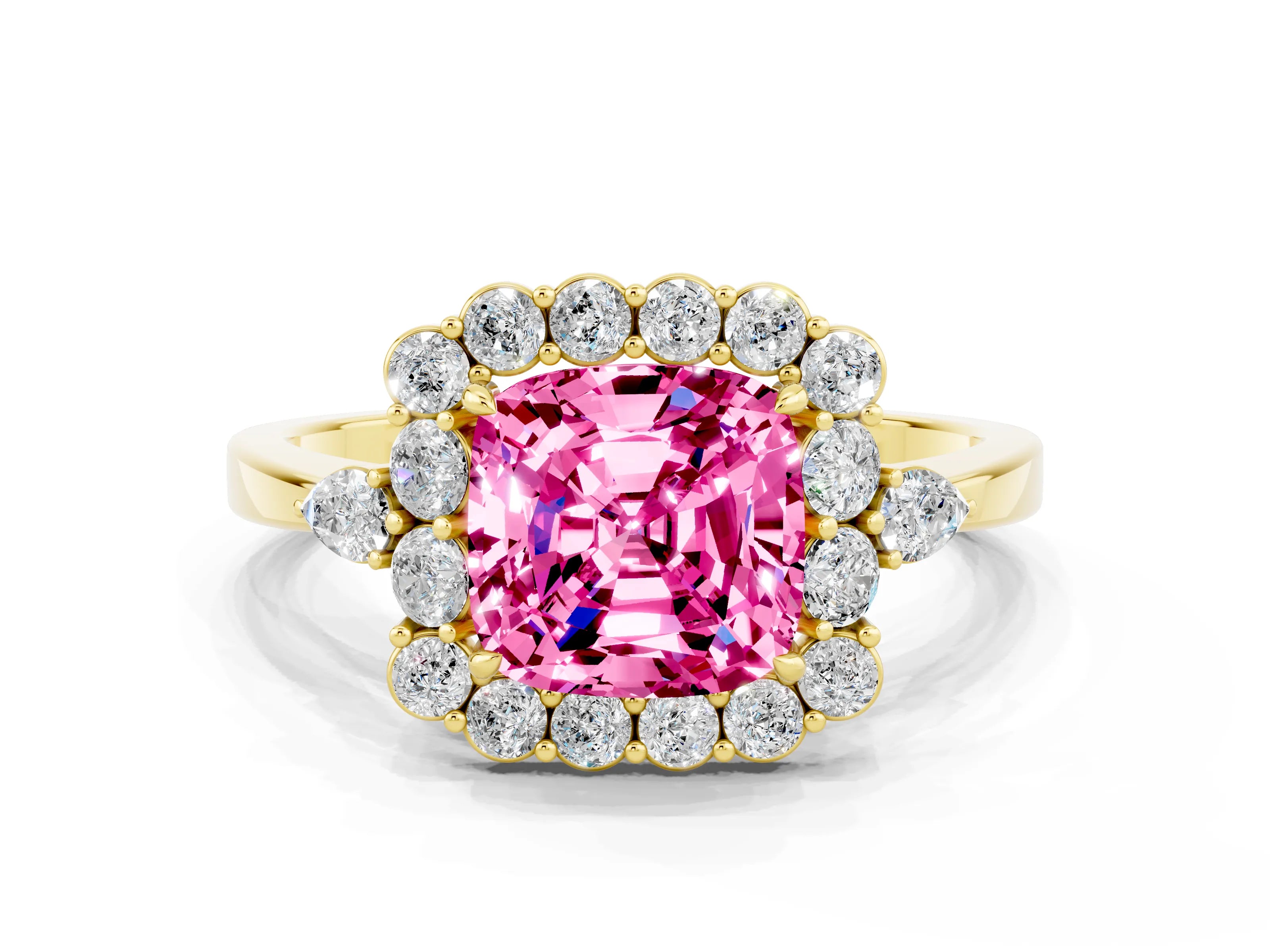 Yellow gold Cushion Cut Pink Sapphire Halo Ring with Pear Side Stones and Prong Setting_12