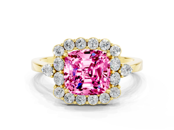 Yellow gold Cushion Cut Pink Sapphire Halo Ring with Pear Side Stones and Prong Setting