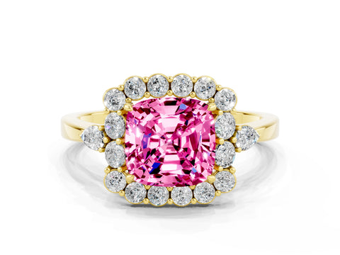 Yellow gold Cushion Cut Pink Sapphire Halo Ring with Pear Side Stones and Prong Setting_12