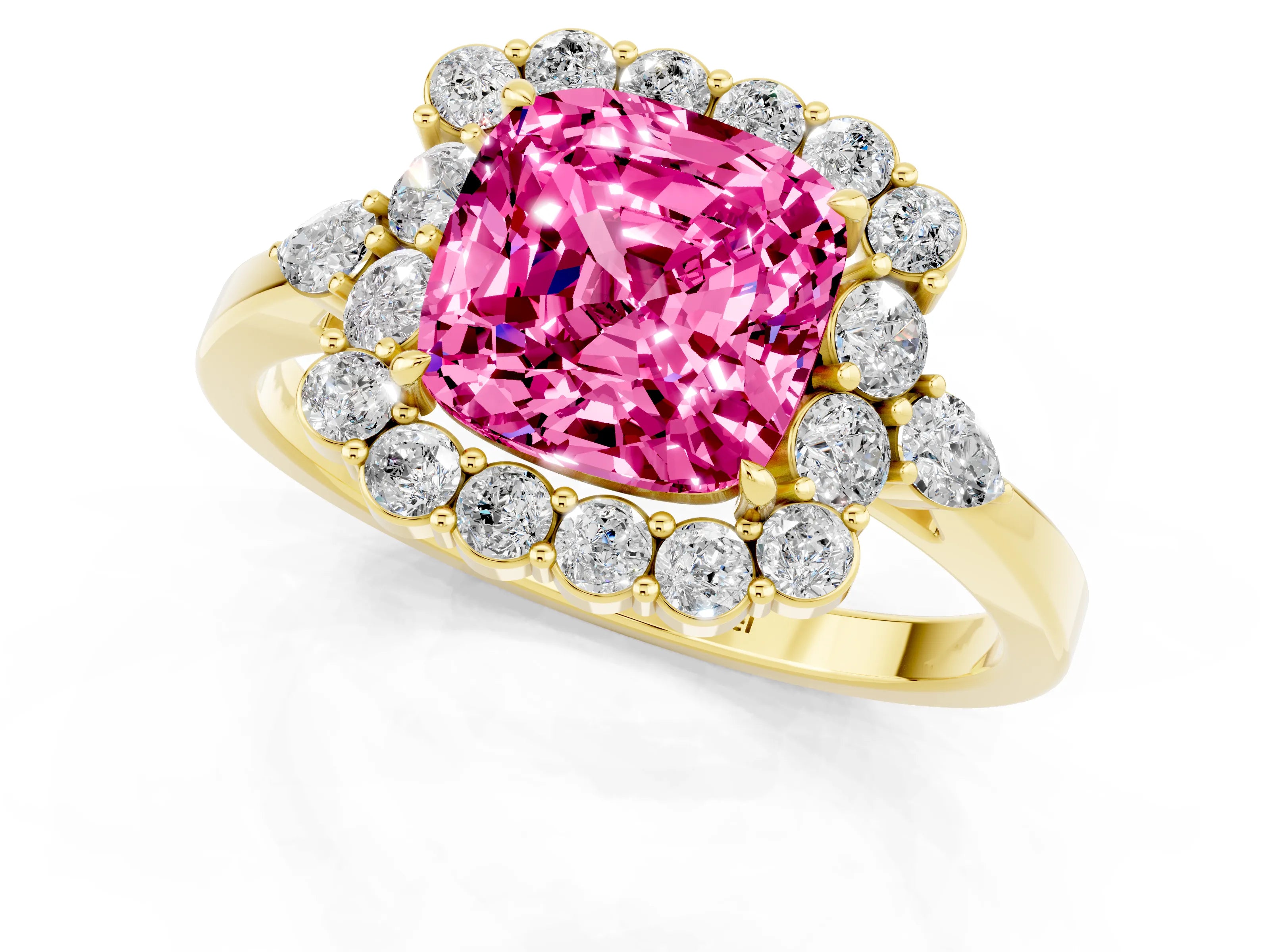 Yellow gold Cushion Cut Pink Sapphire Halo Ring with Pear Side Stones and Prong Setting_13