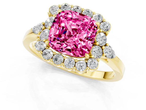 Yellow gold Cushion Cut Pink Sapphire Halo Ring with Pear Side Stones and Prong Setting