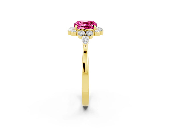 Yellow gold Cushion Cut Pink Sapphire Halo Ring with Pear Side Stones and Prong Setting