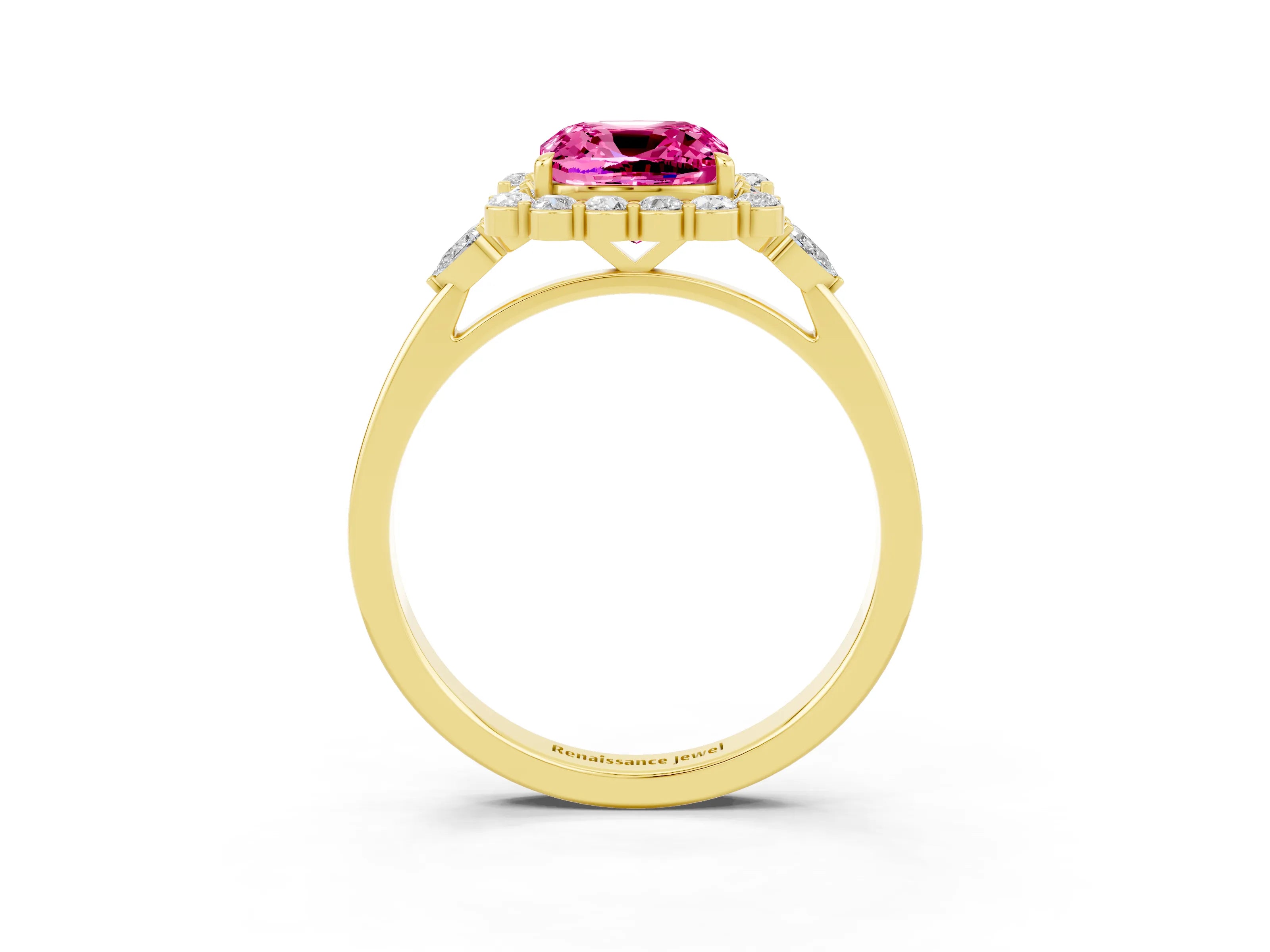 Yellow gold Cushion Cut Pink Sapphire Halo Ring with Pear Side Stones and Prong Setting_15