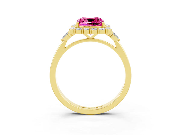 Yellow gold Cushion Cut Pink Sapphire Halo Ring with Pear Side Stones and Prong Setting