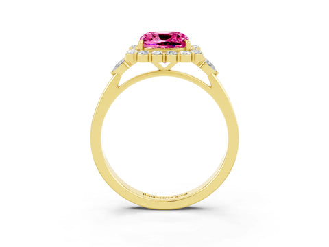 Yellow gold Cushion Cut Pink Sapphire Halo Ring with Pear Side Stones and Prong Setting_15
