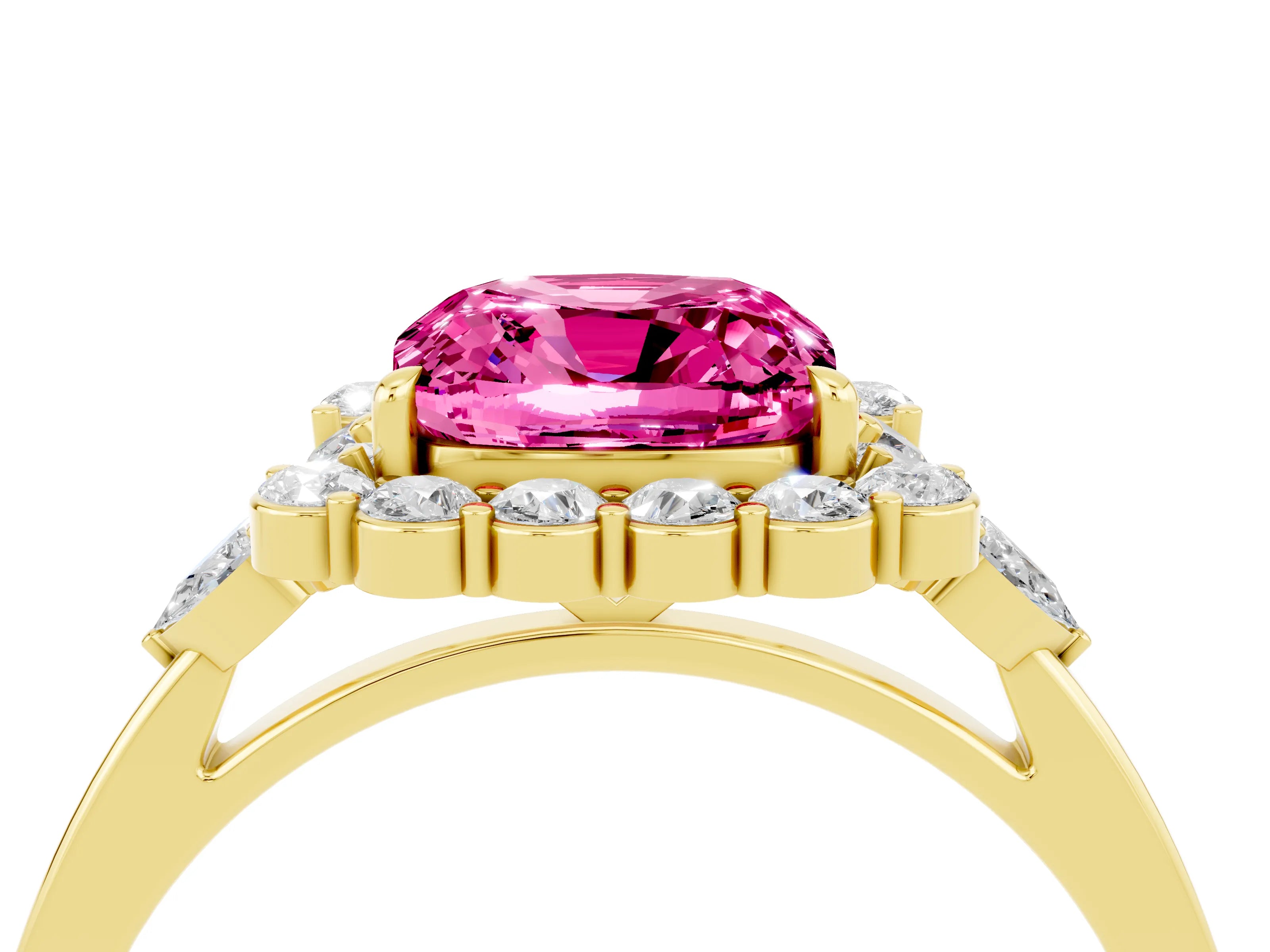 Yellow gold Cushion Cut Pink Sapphire Halo Ring with Pear Side Stones and Prong Setting_16
