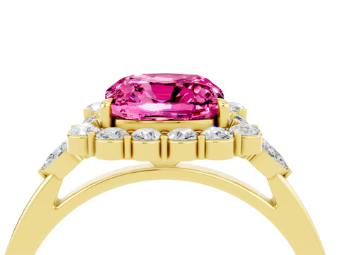 Yellow gold Cushion Cut Pink Sapphire Halo Ring with Pear Side Stones and Prong Setting_16