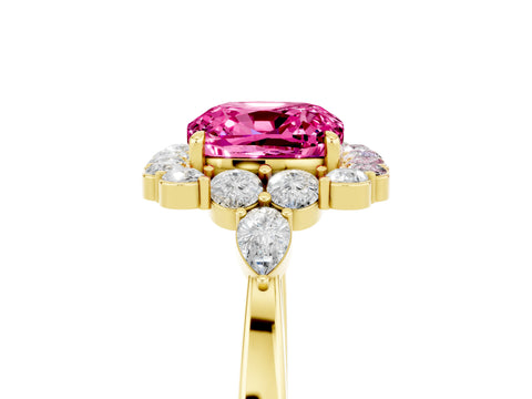 Yellow gold Cushion Cut Pink Sapphire Halo Ring with Pear Side Stones and Prong Setting_17
