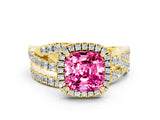 Yellow gold Cushion Cut Pink Sapphire Halo Ring with Round Split Shank and Prong Setting_48
