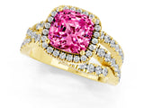 Yellow gold Cushion Cut Pink Sapphire Halo Ring with Round Split Shank and Prong Setting_49