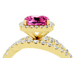 Yellow gold Cushion Cut Pink Sapphire Halo Ring with Round Split Shank and Prong Setting_52