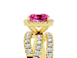 Yellow gold Cushion Cut Pink Sapphire Halo Ring with Round Split Shank and Prong Setting_53