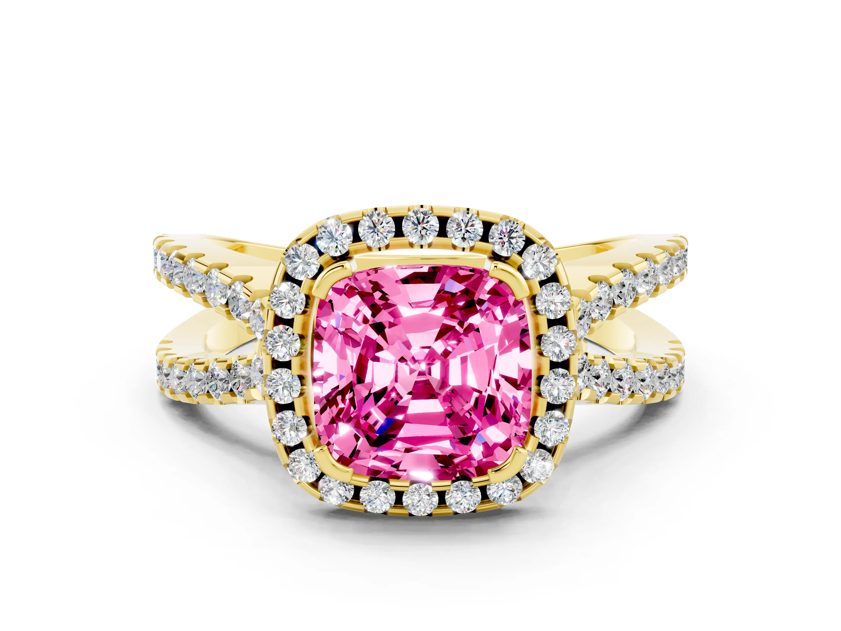 Yellow gold Cushion Cut Pink Sapphire Halo Ring with Split Shank Pavé Band and Prong Setting_12