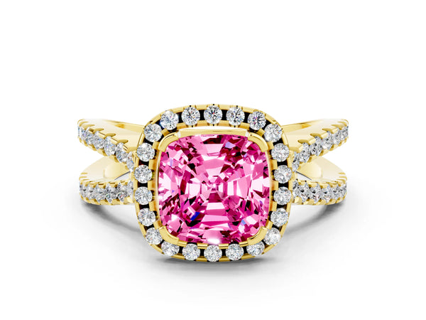 Yellow gold Cushion Cut Pink Sapphire Halo Ring with Split Shank Pavé Band and Prong Setting