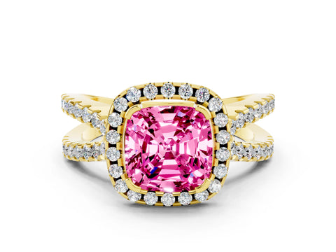 Yellow gold Cushion Cut Pink Sapphire Halo Ring with Split Shank Pavé Band and Prong Setting_12