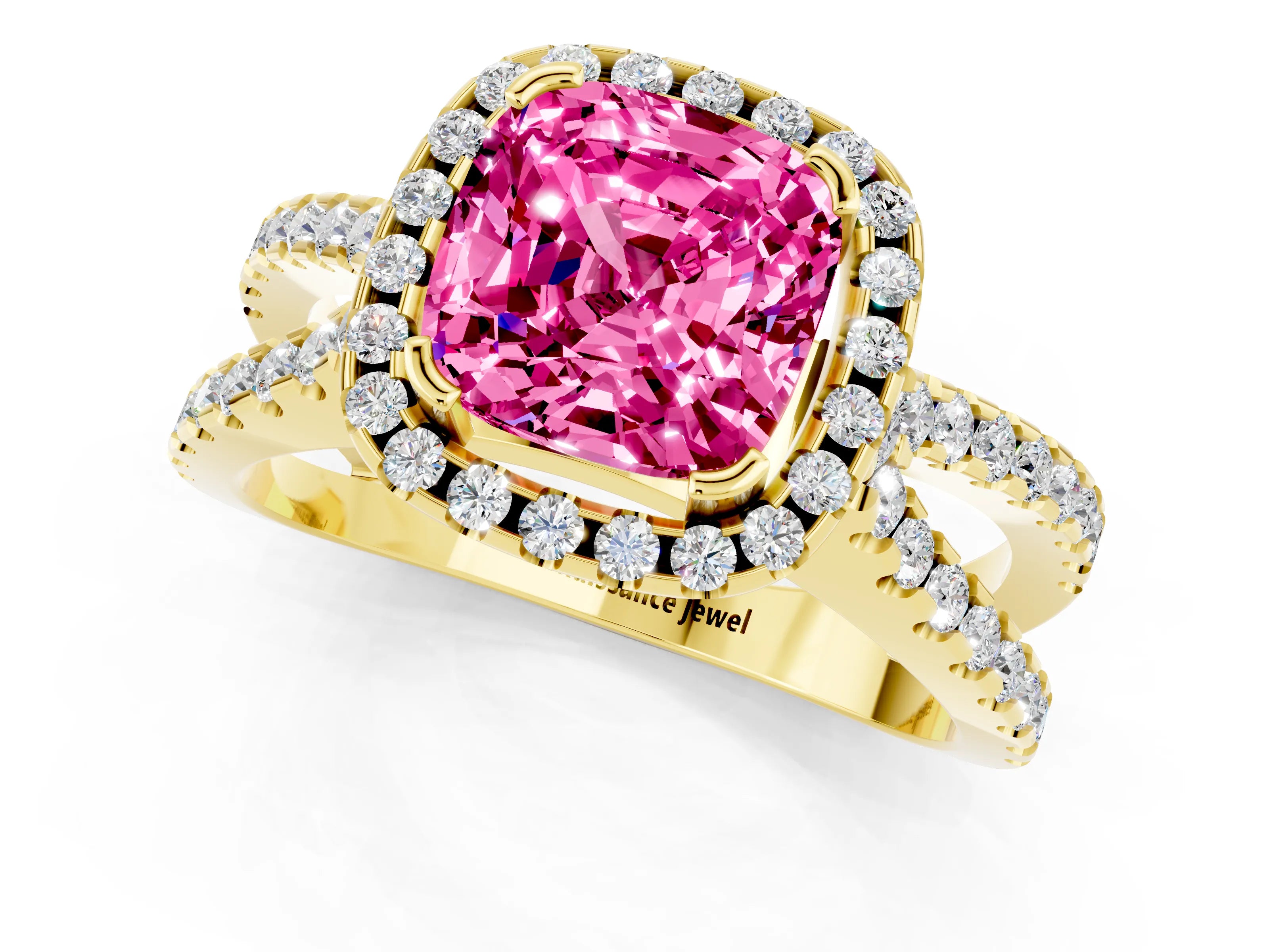 Yellow gold Cushion Cut Pink Sapphire Halo Ring with Split Shank Pavé Band and Prong Setting_13