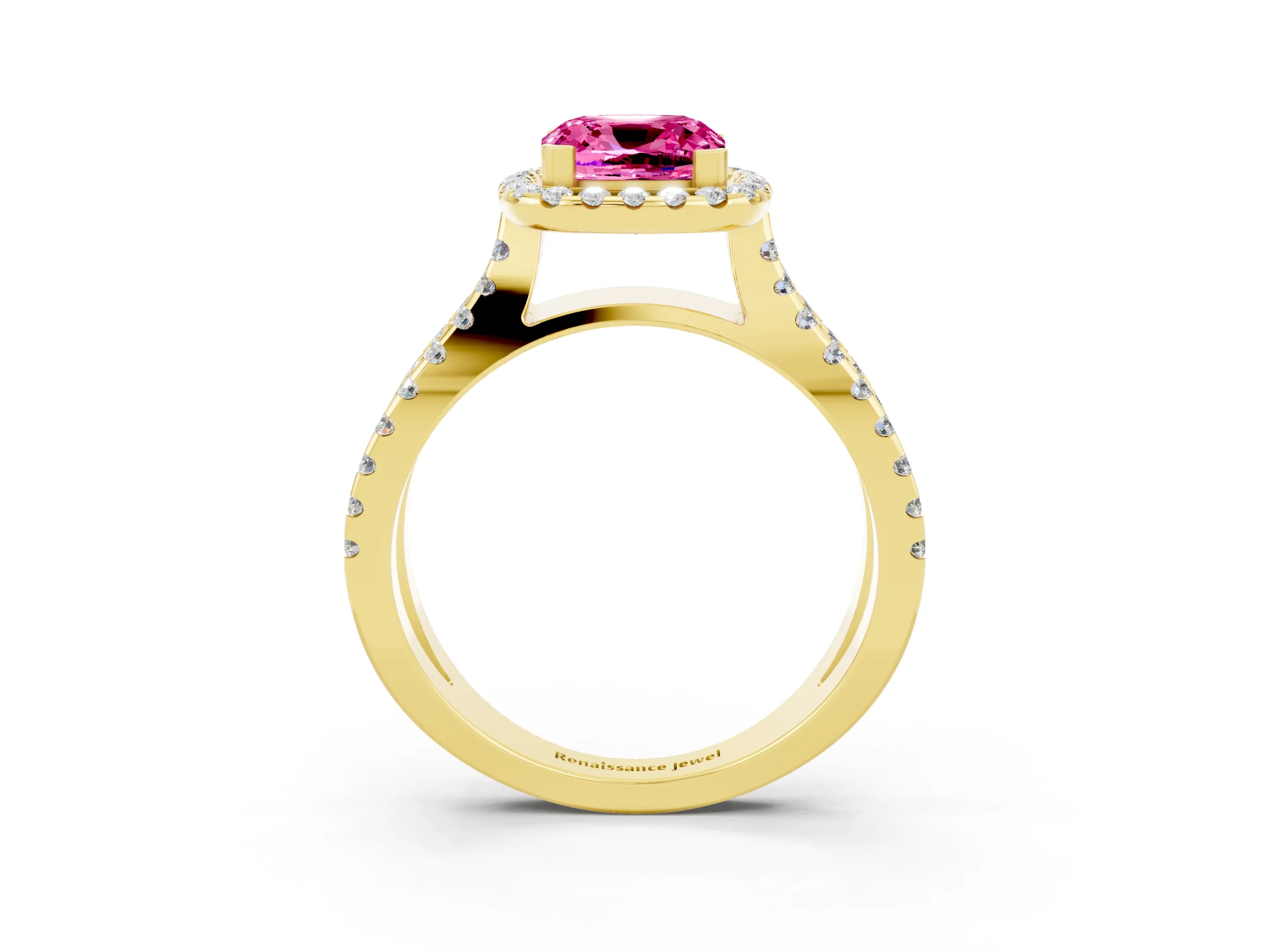 Yellow gold Cushion Cut Pink Sapphire Halo Ring with Split Shank Pavé Band and Prong Setting_15