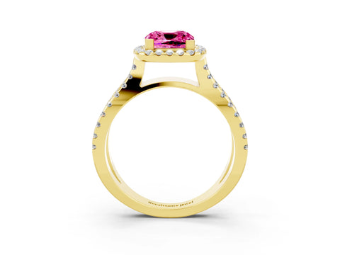 Yellow gold Cushion Cut Pink Sapphire Halo Ring with Split Shank Pavé Band and Prong Setting_15