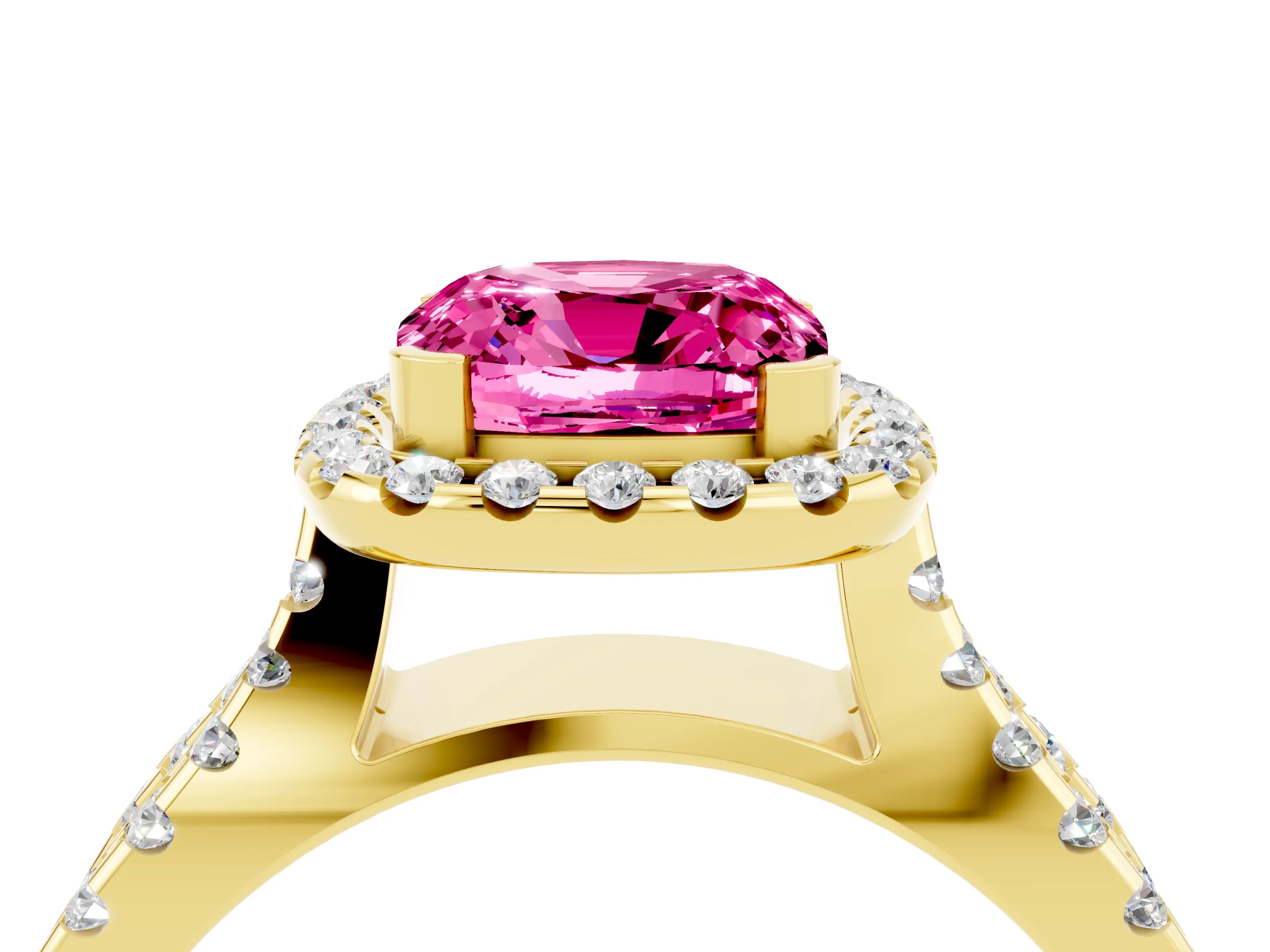 Yellow gold Cushion Cut Pink Sapphire Halo Ring with Split Shank Pavé Band and Prong Setting_16