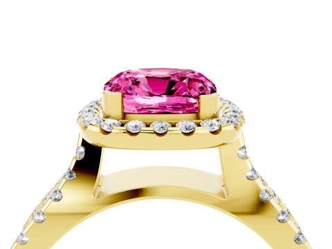 Yellow gold Cushion Cut Pink Sapphire Halo Ring with Split Shank Pavé Band and Prong Setting_16