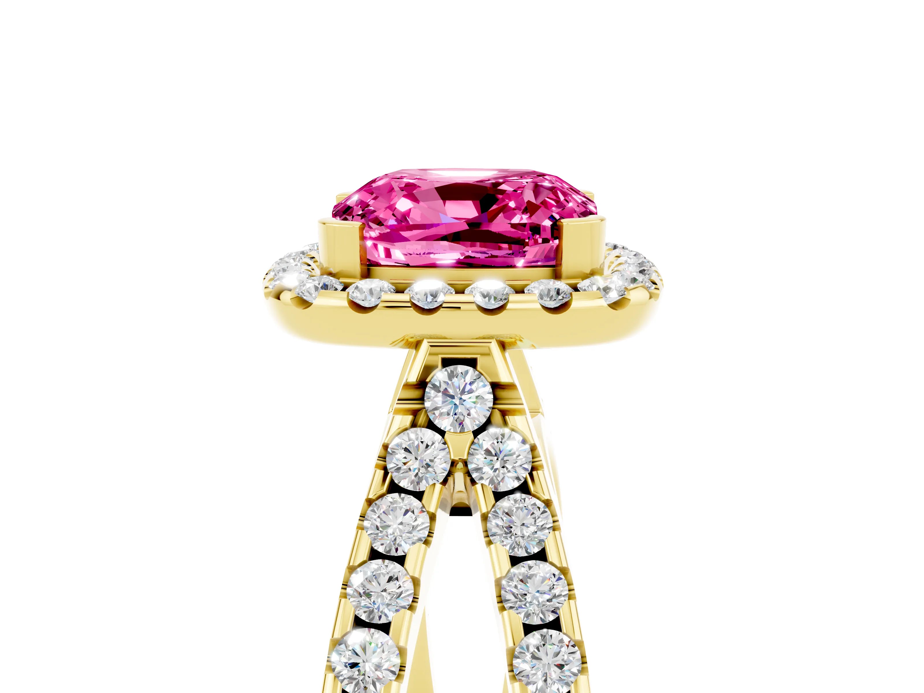 Yellow gold Cushion Cut Pink Sapphire Halo Ring with Split Shank Pavé Band and Prong Setting_17